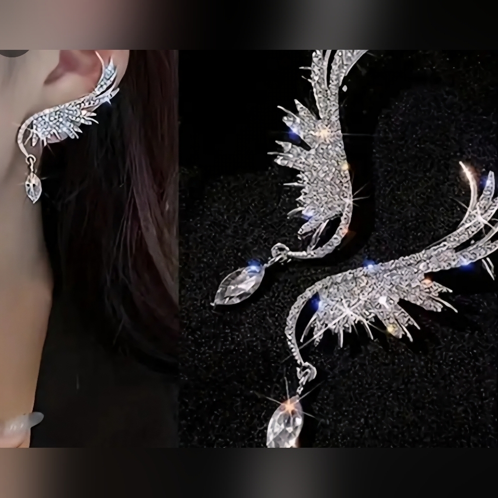 Silver Crystal Feather Ear Cuff Earrings
